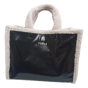 Furla Black and Cream Tote Bag with Plush Trim